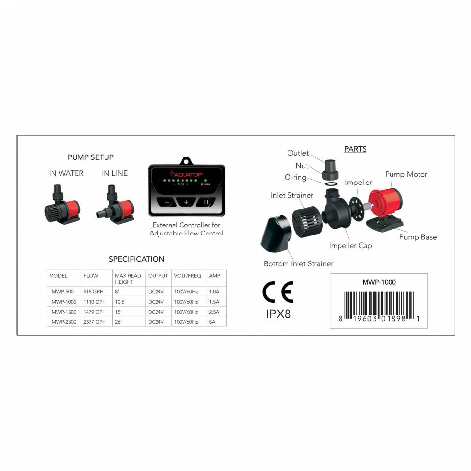 Aquatop MWP-1000 DC Water Pump w/ Controller – 1110 GPH